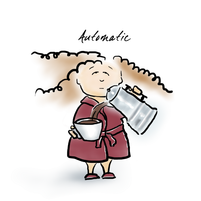 Sleepy cartoon woman pouring coffee